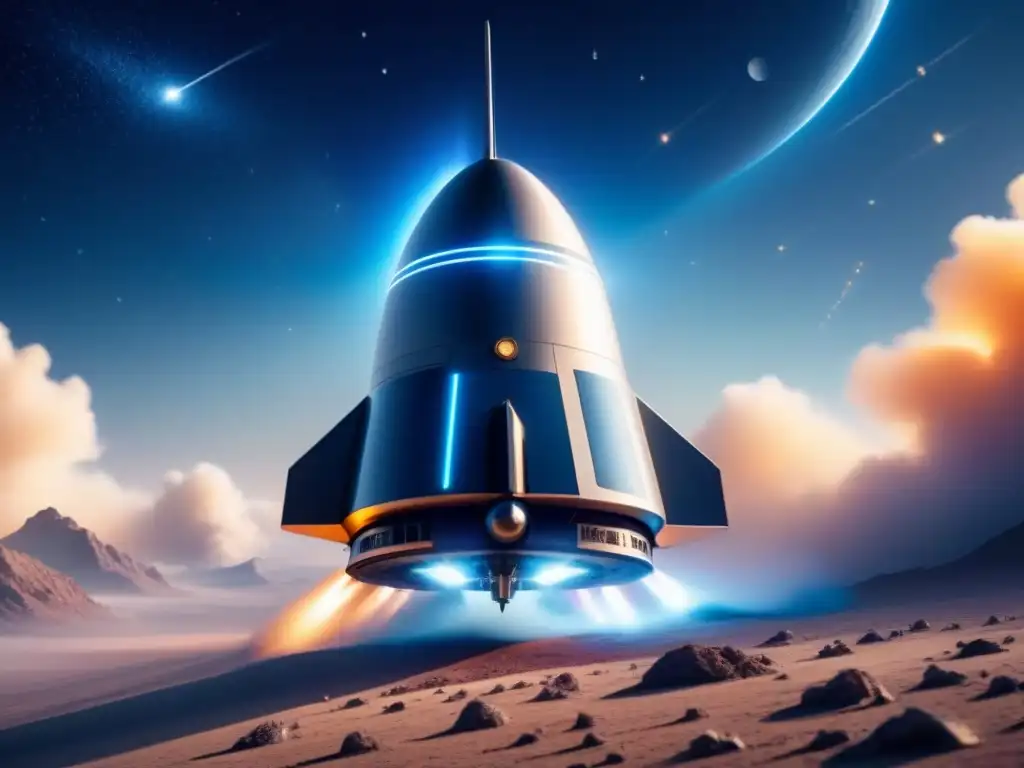 Nave espacial futurista con propulsión nuclear surcando el espacio entre estrellas y galaxias