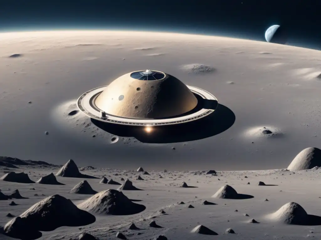 Una nave espacial futurista sobrevuela un paisaje lunar, con la Tierra de fondo