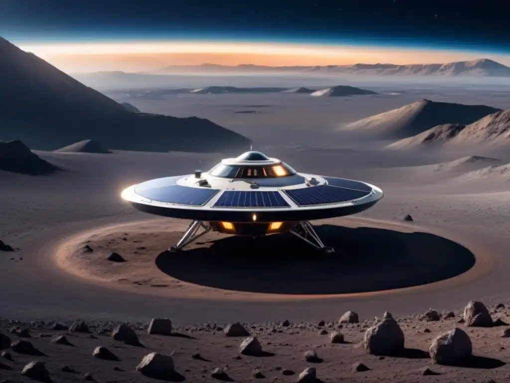 Una nave espacial futurista sobrevolando un paisaje lunar, con la Tierra al fondo