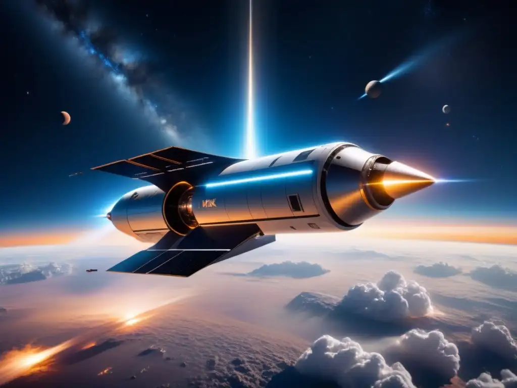 Nave espacial futurista con IA: exploración estelar Una nave espacial futurista propulsada por tecnología de inteligencia artificial, surcando el cosmos estrellado