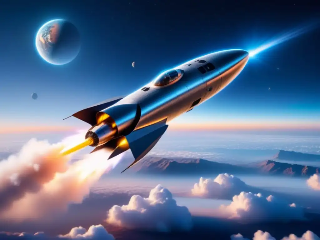 Una nave espacial futurista propulsada por tecnología nuclear, iluminando el espacio