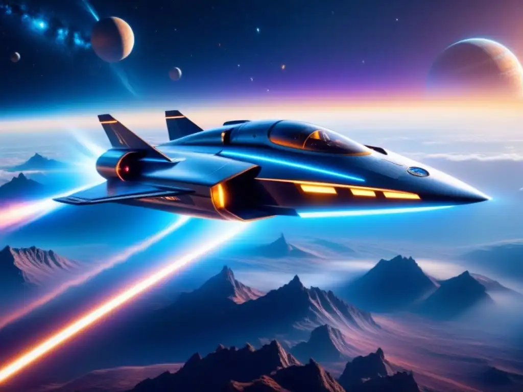 Espacial futurista: Nave 8K deslizándose por el cosmos Nave espacial futurista con propulsores de plasma espaciales surcando el espacio interestelar