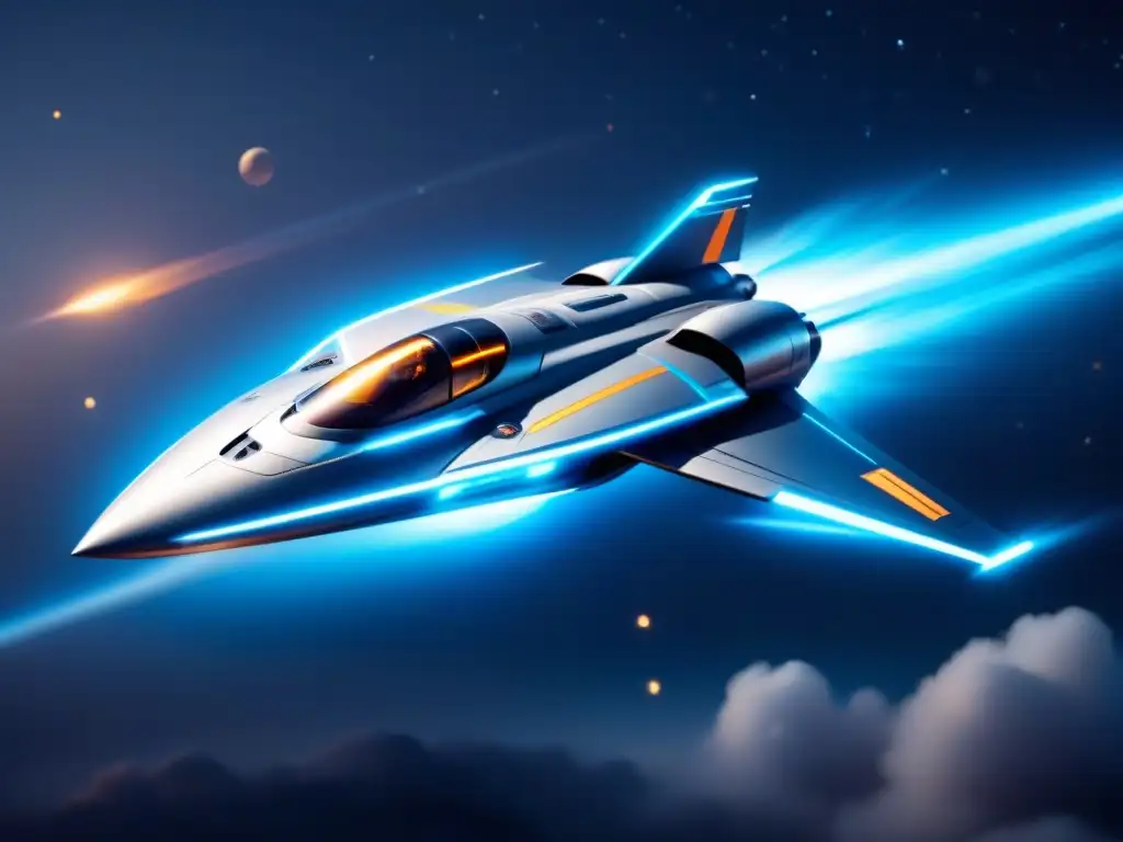Espacio interestelar: nave futurista con propulsión de plasma azul Una nave espacial futurista con propulsores de plasma azul brillante en el espacio estrellado
