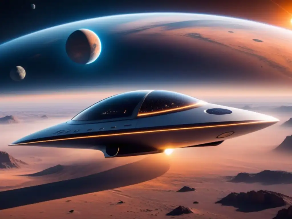 Nave espacial futurista con propulsión sostenible surca espacio entre la Tierra y Marte