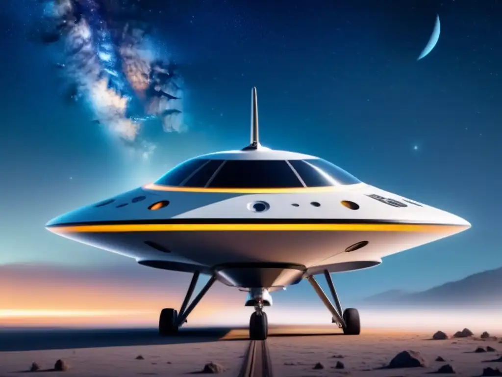 Nave espacial futurista con diseño sostenible, propulsión innovadora y fondo estrellado