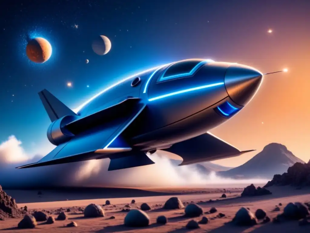 Un nave espacial futurista con tecnología de propulsión nuclear, destacando motores azules brillantes en el espacio