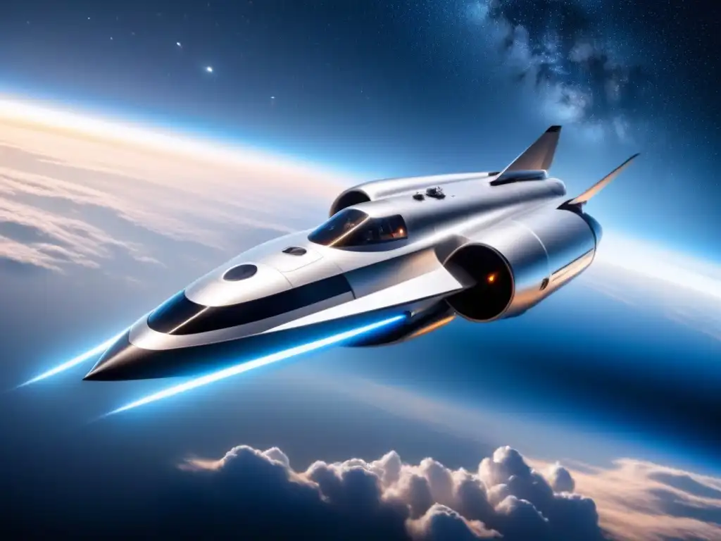 Espacio: Nave plateada con IA y propulsión futurista Una nave espacial plateada con avanzados sistemas de propulsión AI
