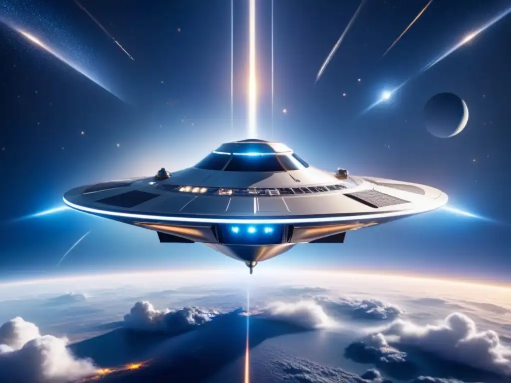 Espacio sideral: Nave plateada con energía brillante Nave espacial plateada con patrones geométricos, propulsión avanzada y diseño vanguardista en un cielo estrellado