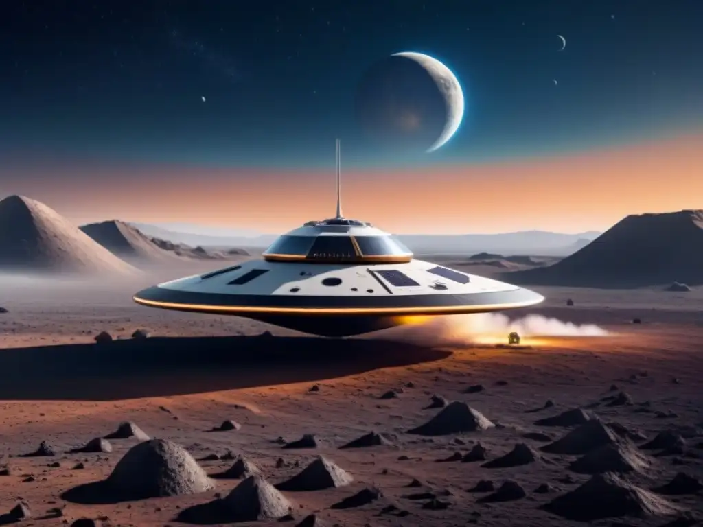 Nave futurista sobre paisaje lunar, muestra tecnologías revolucionarias