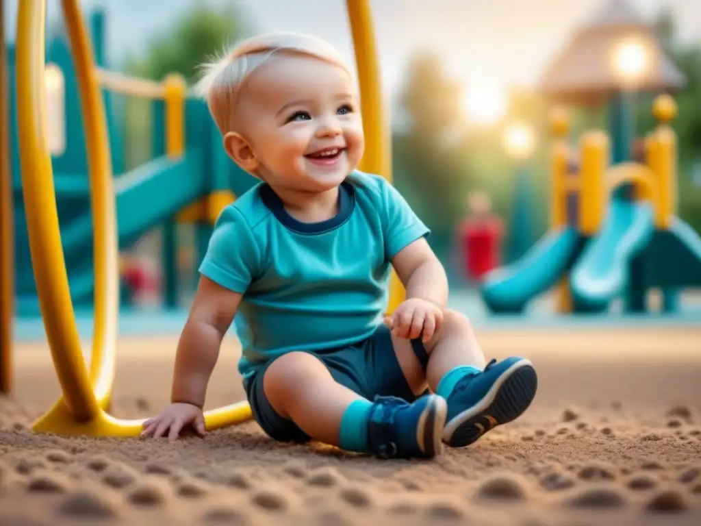 Un niño feliz jugando en el parque con una prótesis infantil personalizada adaptativa