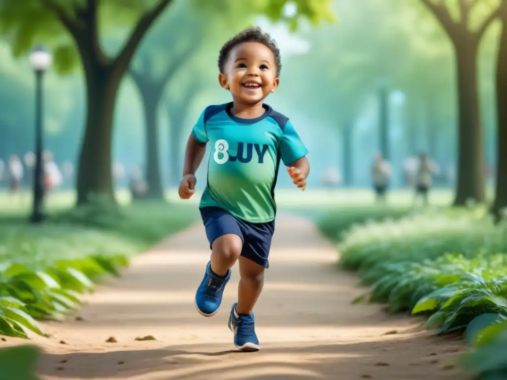 Un niño feliz corre y juega en el parque con una prótesis infantil personalizada adaptativa, simbolizando inclusividad y progreso