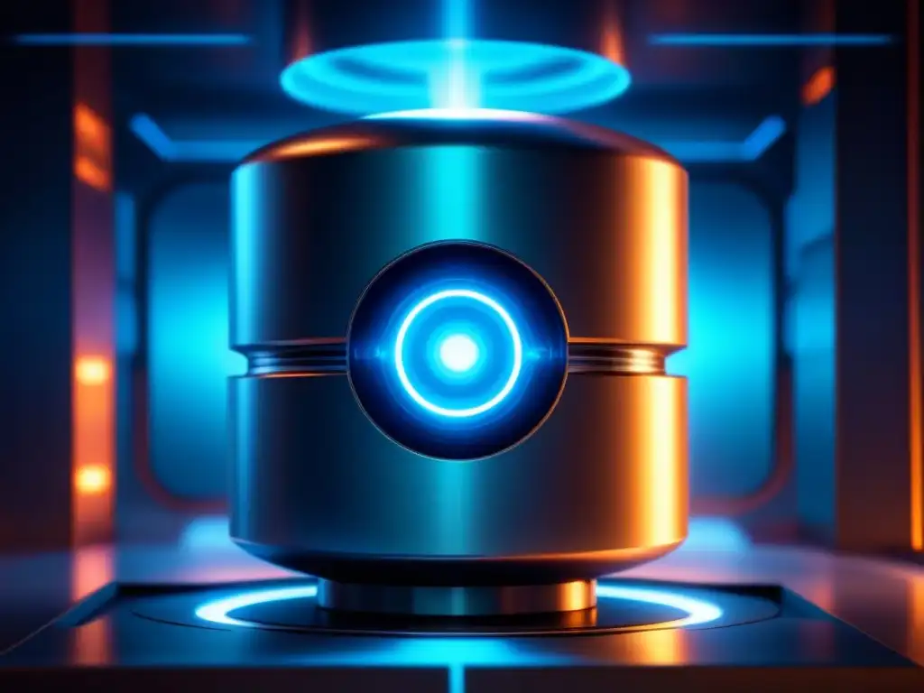 Un núcleo de reactor nuclear futurista con tecnología de neutrones rápidos, iluminado en azul suave y rodeado de patrones geométricos