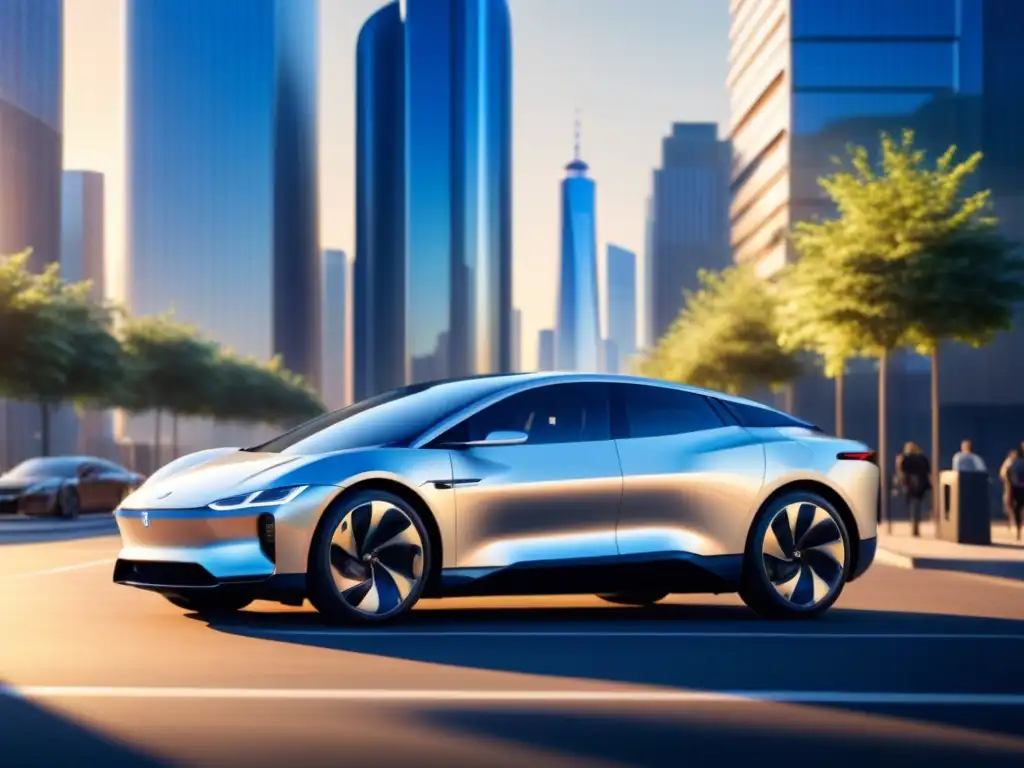 Nueva tecnología de baterías en vehículos eléctricos: auto futurista en entorno urbano moderno y sostenible