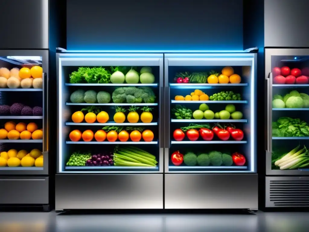 Un oasis de frescura: refrigeración avanzada seguridad alimentaria con frutas y verduras coloridas