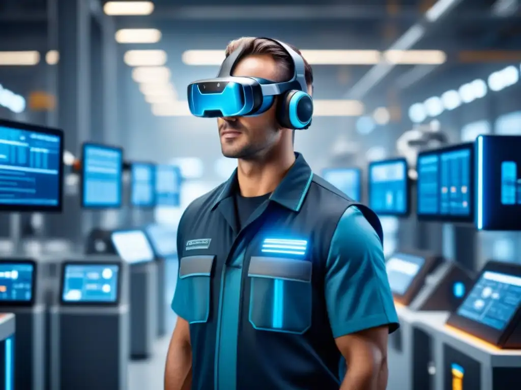 Un obrero de mantenimiento industrial con headset AR en fábrica futurista rodeado de tecnología avanzada y datos en hologramas