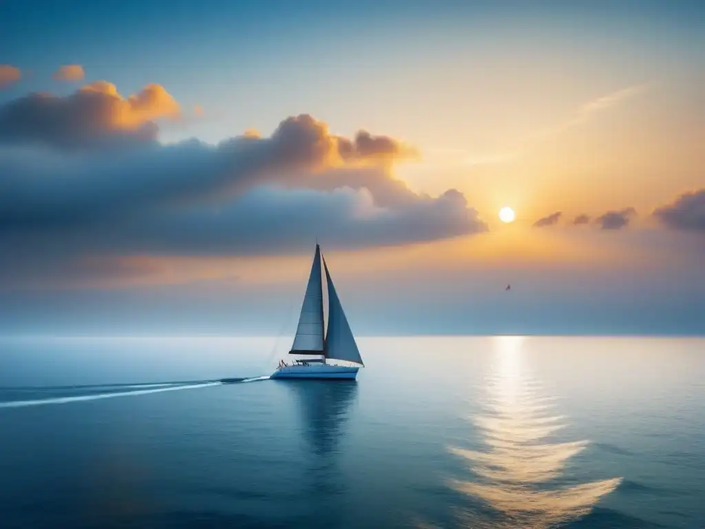 Un océano vasto y calmo al atardecer, con un velero surcando el horizonte, evocando armonía y sostenibilidad marítima