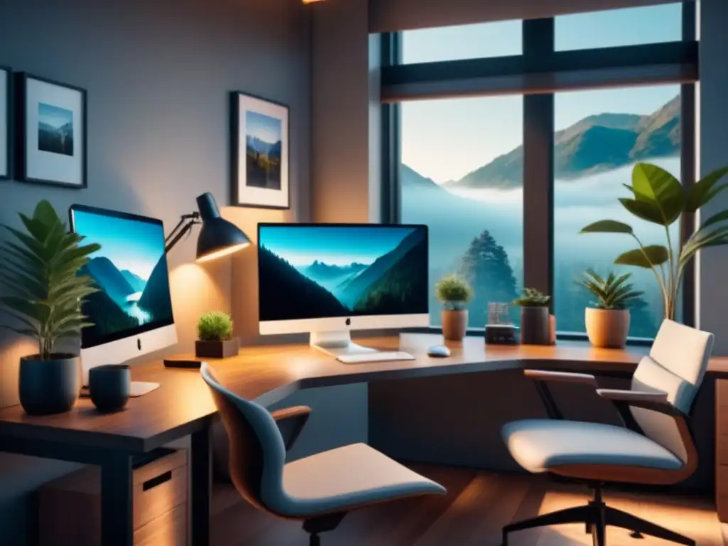 Oficina en casa minimalista: productividad y tranquilidad Oficina en casa minimalista con esquema de color monocrómático y toques de verde y madera, transmite foco y tranquilidad