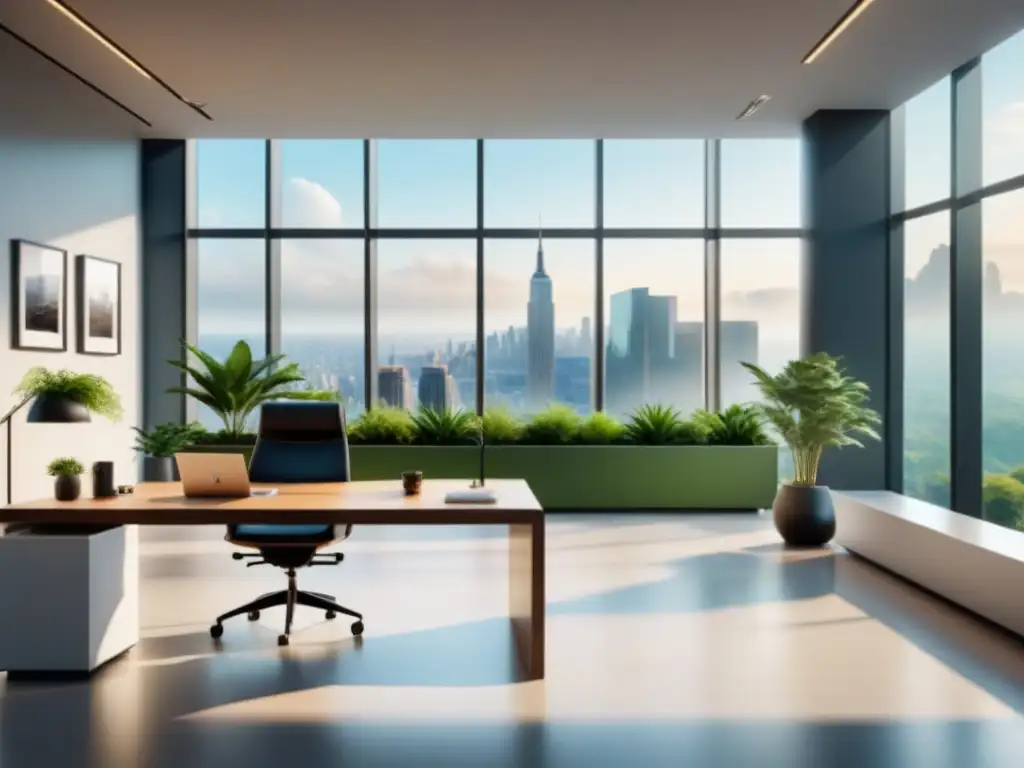 Oficina corporativa moderna con vista panorámica a parque verde Oficina corporativa moderna con vista a parque, decoración minimalista y luz natural