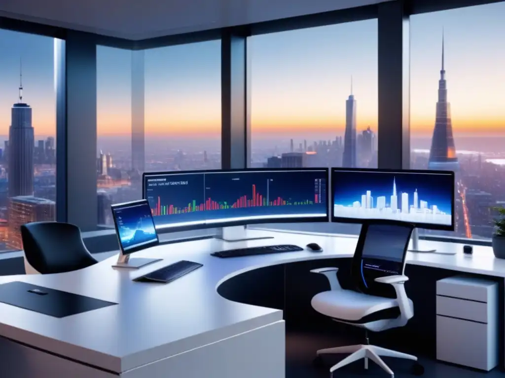 Oficina futurista y minimalista: espacio de productividad y automatización Oficina futurista con automatización de procesos para productividad, mobiliario minimalista y vista urbana al atardecer