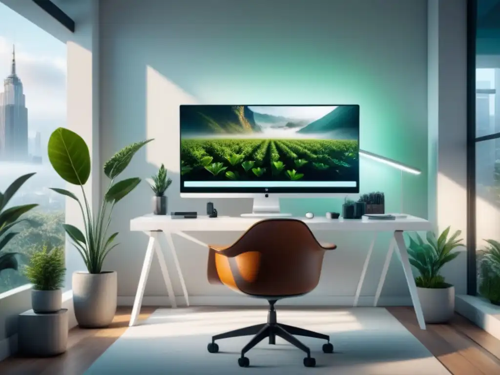 Oficina en casa futurista y minimalista: 8k ultradetallada Oficina futurista en casa, con escritorio blanco minimalista, pantalla transparente y plantas verdes