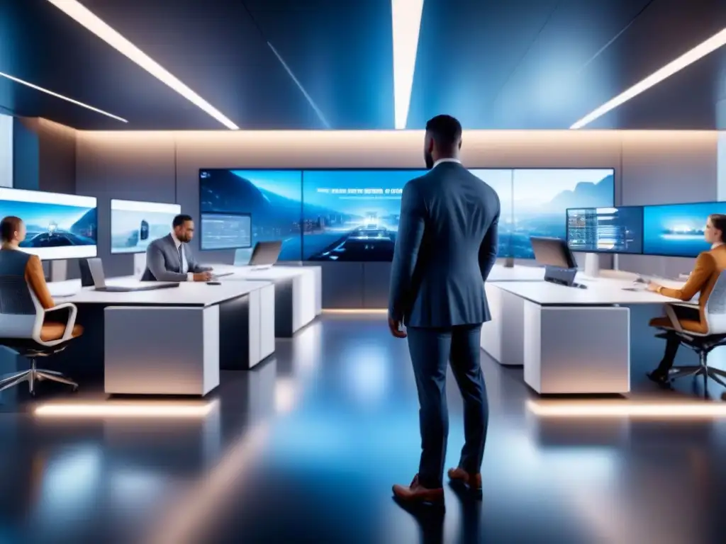 Oficina futurista con Integración de Inteligencia Artificial en prevención laboral