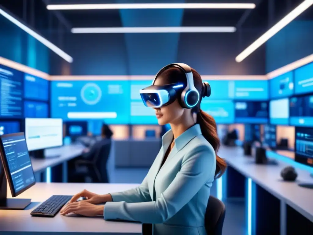 Oficina futurista con IA en prevención laboral: empleados interactúan con AR y pantallas virtuales en una atmósfera innovadora azul