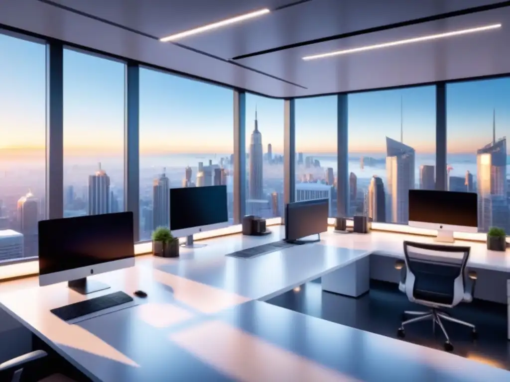 Oficina startup futurista con tecnología innovadora y vistas a la ciudad, ambiente innovador