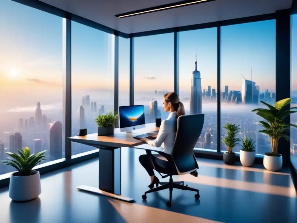 Oficina futurista con vista a la ciudad: tecnología y naturaleza Oficina futurista con tecnología y naturaleza para optimización empresa éxito teletrabajo
