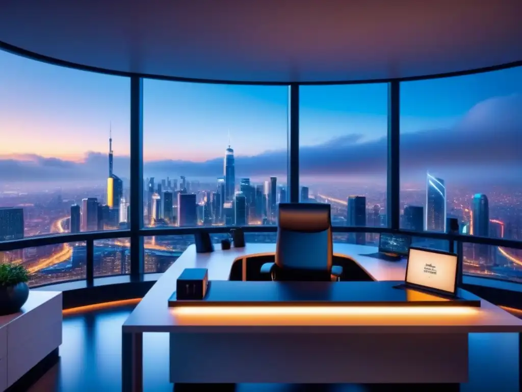 Oficina futurista con vista nocturna de la ciudad, muebles modernos y tecnología avanzada