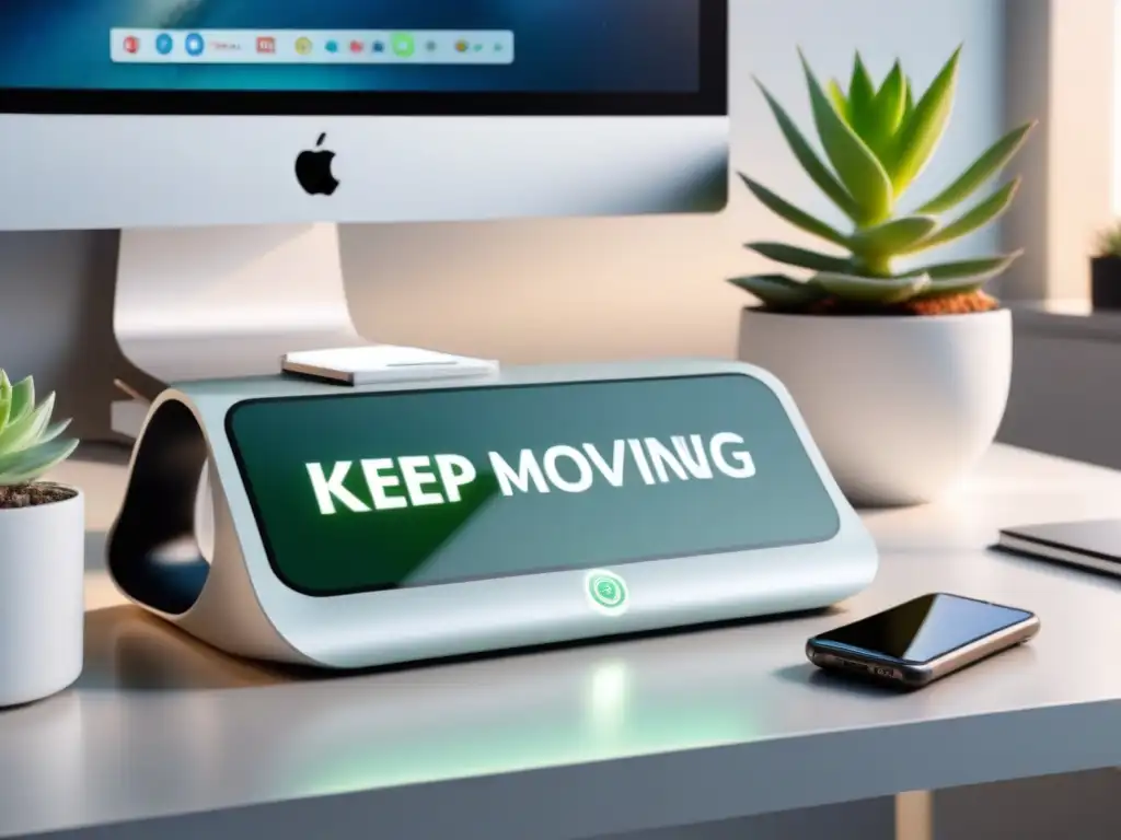 Oficina minimalista con escritorio de pie moderno, rastreador de actividad y sneakers ergonómicos