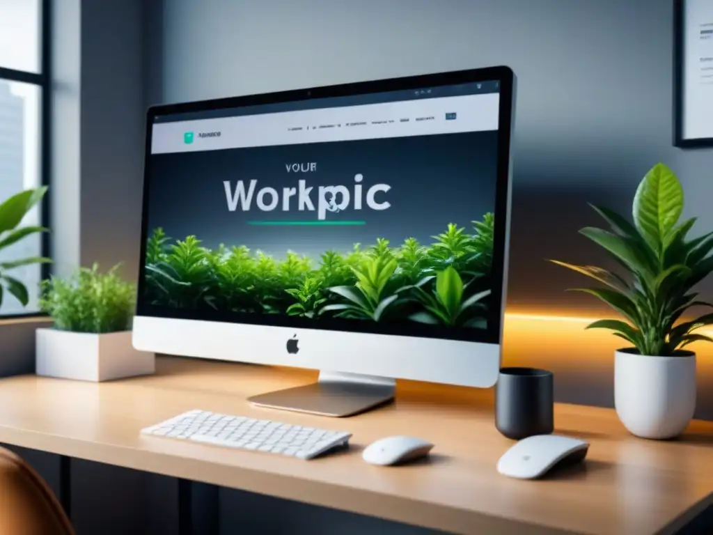 Oficina minimalista con ERP: eficiencia y profesionalismo Una oficina minimalista con un ordenador de alta tecnología mostrando un panel de control de software ERP