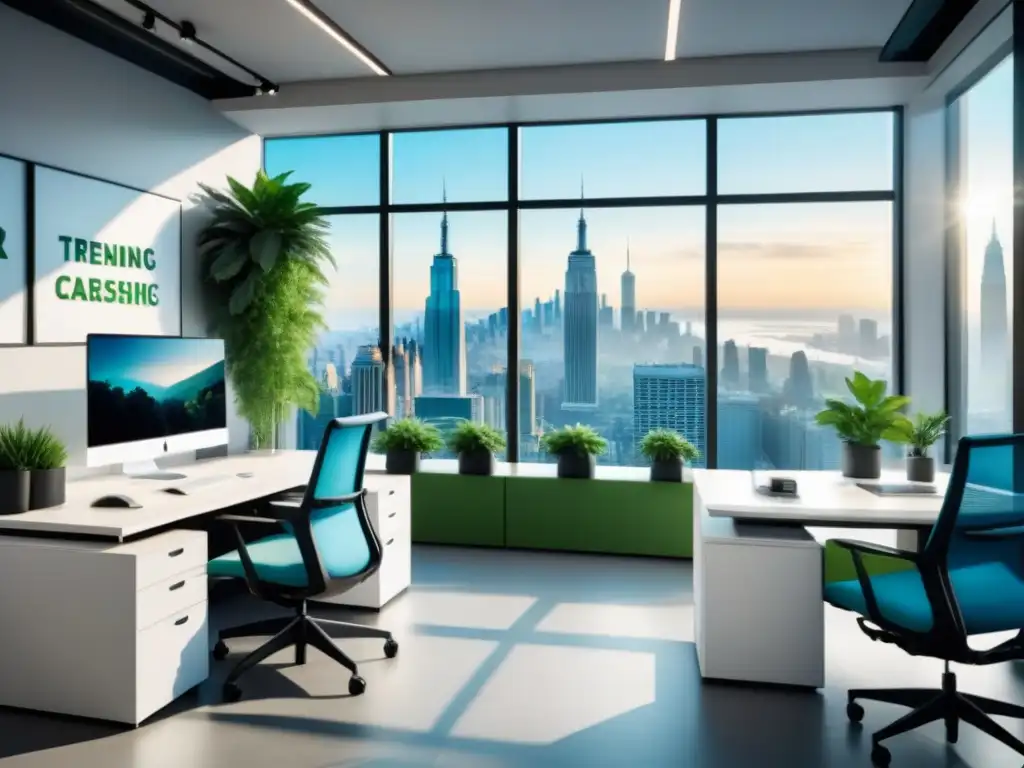 Oficina minimalista con vistas a la ciudad, muebles ergonómicos y plantas, promoviendo el bienestar empresarial