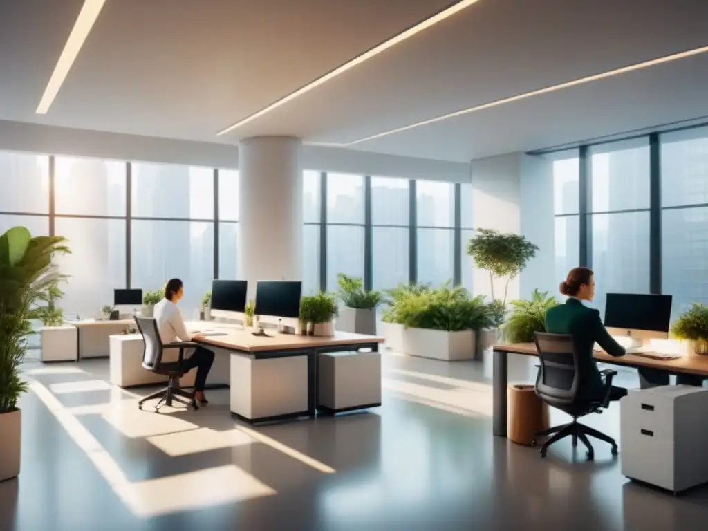 Oficina moderna con aire limpio y plantas verdes, empleados trabajando calmadamente