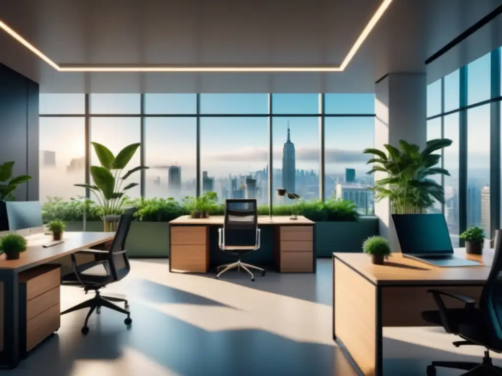 Oficina moderna con aire limpio y plantas verdes en escritorios ergonómicos