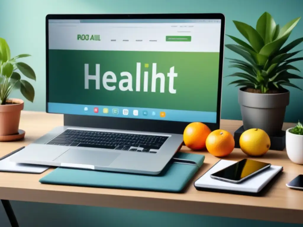 Oficina moderna con laptop, planta, poster saludable, agua, frutas y herramientas ergonómicas, fomentando hábitos saludables en el trabajo