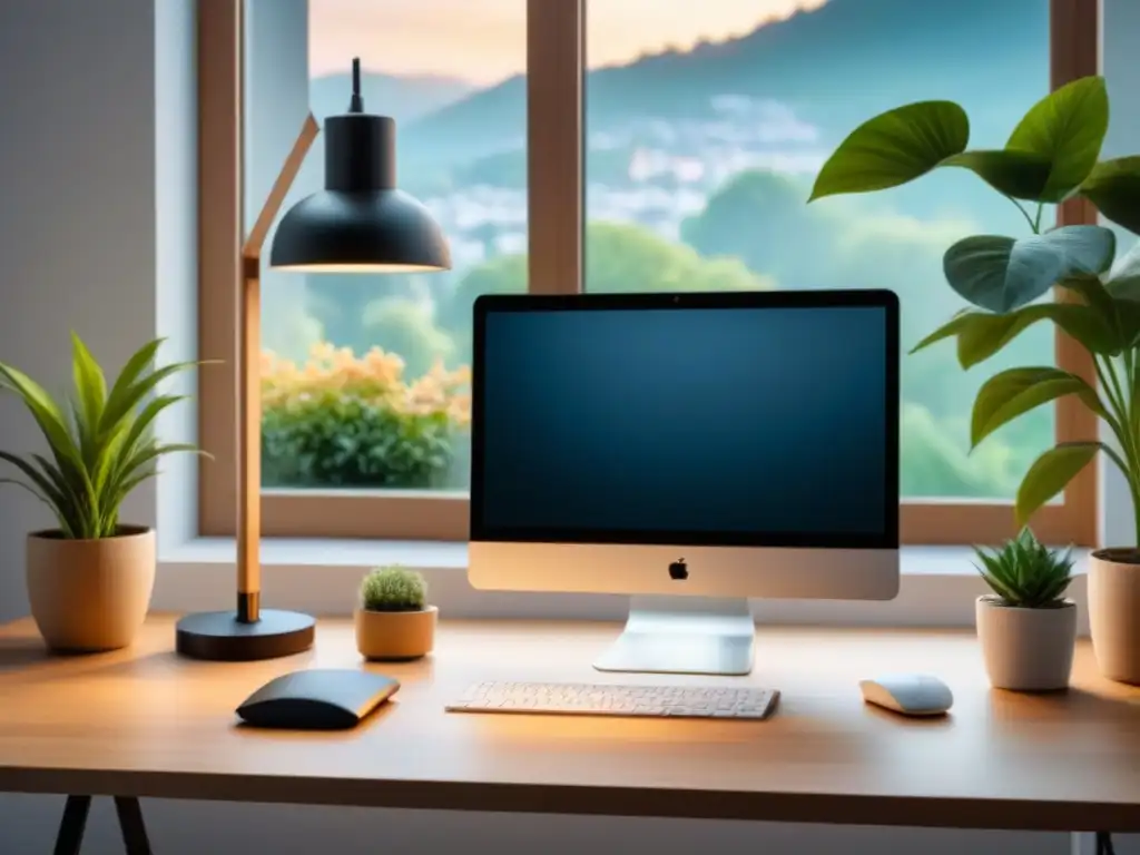 Oficina minimalista y moderna con vista a jardín sereno Oficina moderna y minimalista con escritorio elegante, laptop de alta gama, lámpara de diseño y plantas