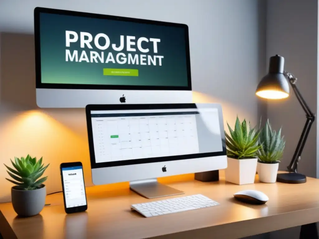 Oficina moderna y organizada con monitor y herramientas de productividad