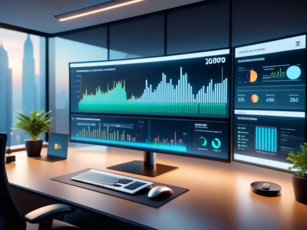 Oficina moderna con panel de visualización de datos futurista mostrando gráficos detallados