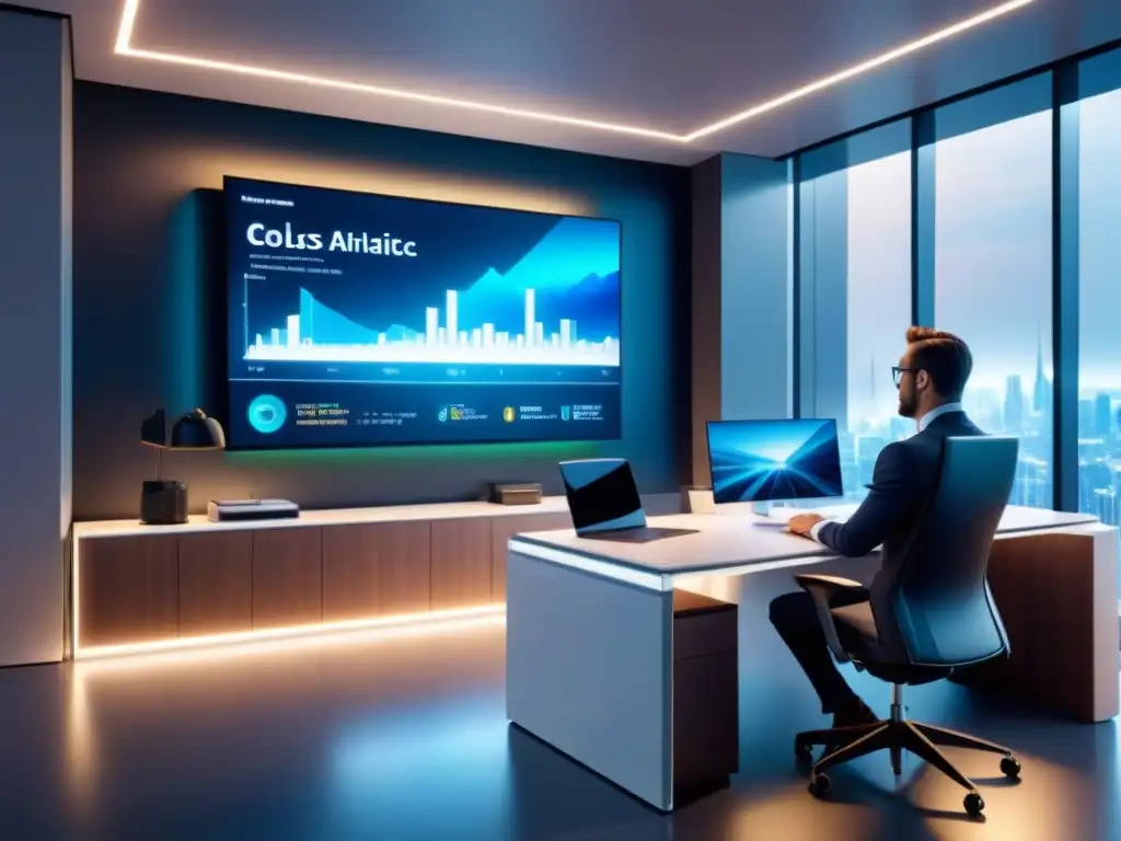 Oficina moderna con pantalla digital mostrando visualizaciones de datos financieros