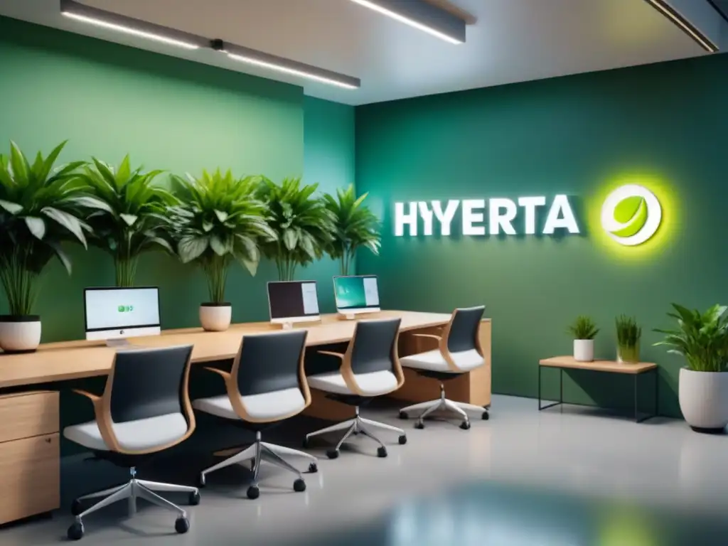 Oficina moderna con planta verde, sillas ergonómicas y logo de empresa