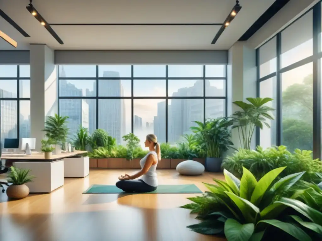 Oficina moderna con plantas, luz natural y actividades de bienestar, creando un ambiente laboral tranquilo y sereno