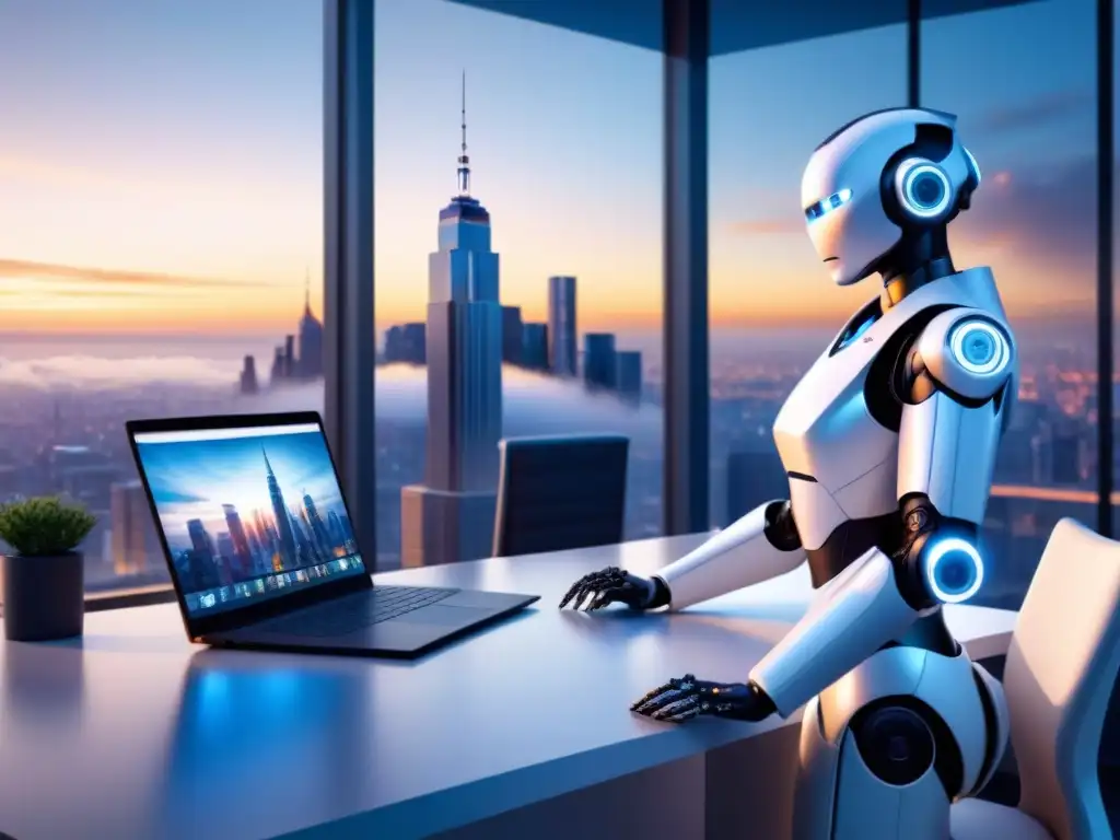 Oficina moderna con robots y tecnología futurista integrada