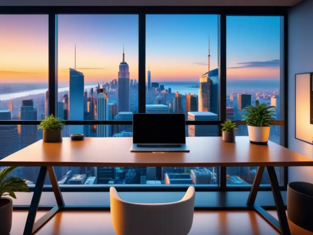 Oficina moderna con vista a la ciudad al atardecer, escritorio ordenado con laptop, café y planta