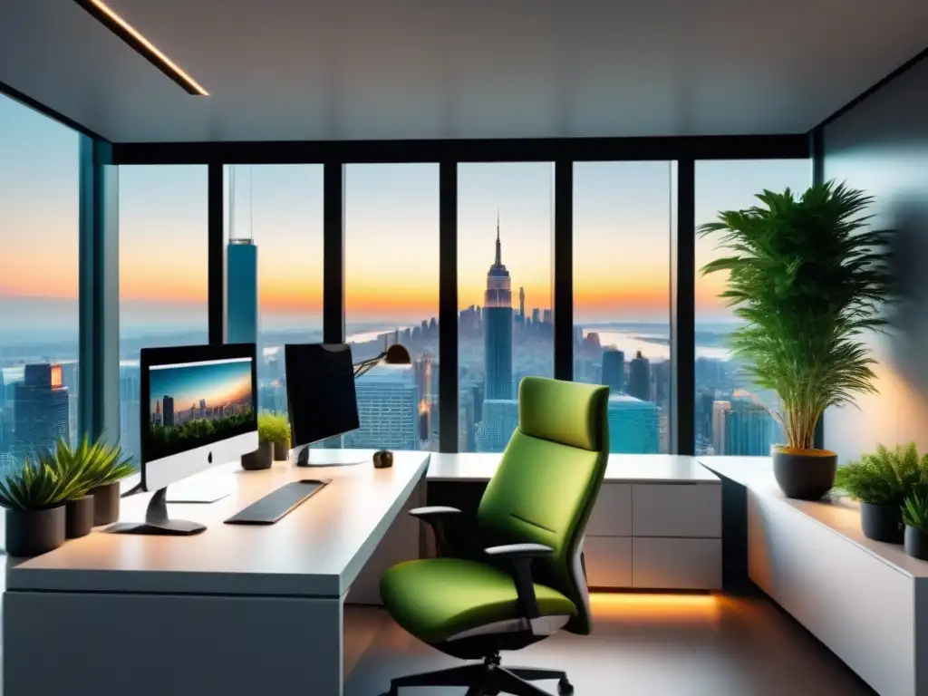 Oficina moderna con vista a la ciudad al atardecer