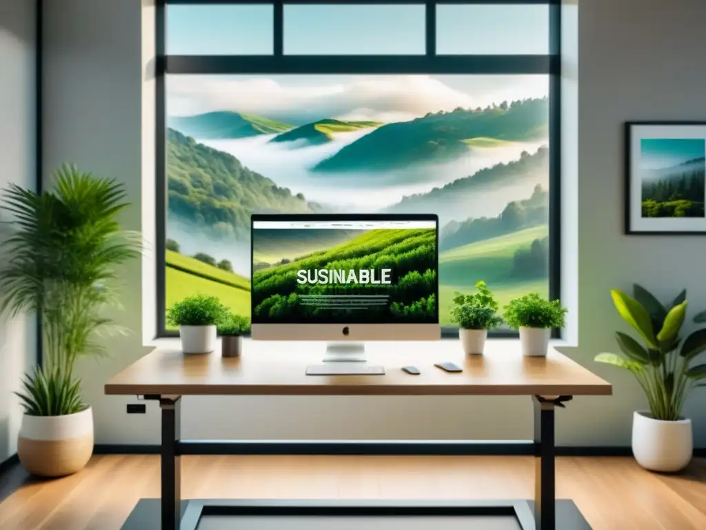 Oficina moderna con vista a un paisaje verde, escritorio de pie de madera con laptop mostrando beneficios del bienestar empresarial sostenible