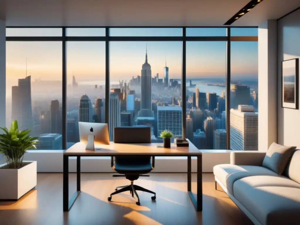 Oficina moderna con vista panorámica a la ciudad y ambiente laboral armonioso