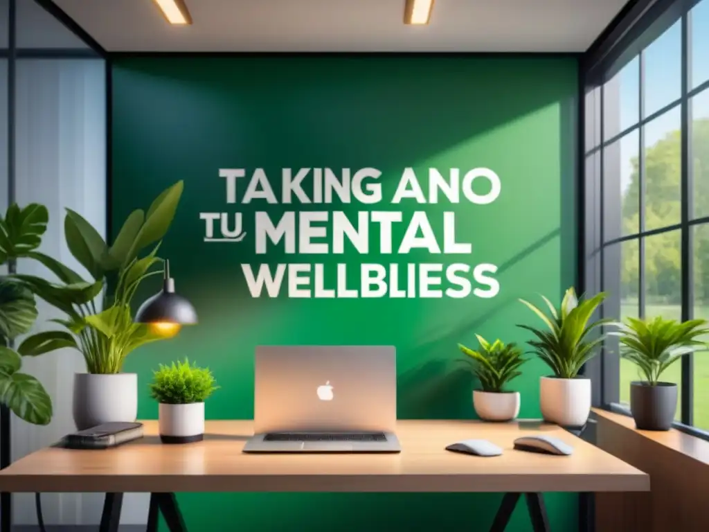 Oficina moderna: Cuidando tu bienestar mental Oficina moderna con vista a parque, escritorio elegante, plantas y póster 'Cuidando tu bienestar mental'
