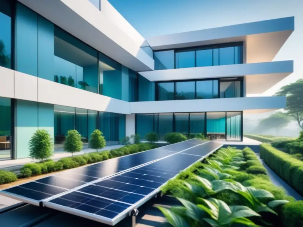 Oficina de seguros sostenible con paneles solares, rodeada de vegetación y arquitectura moderna