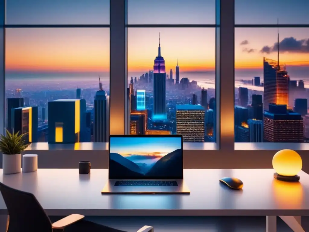 Oficina vanguardista con tecnología y vista urbana al atardecer, ideal para estrategias innovación tecnológica vanguardia