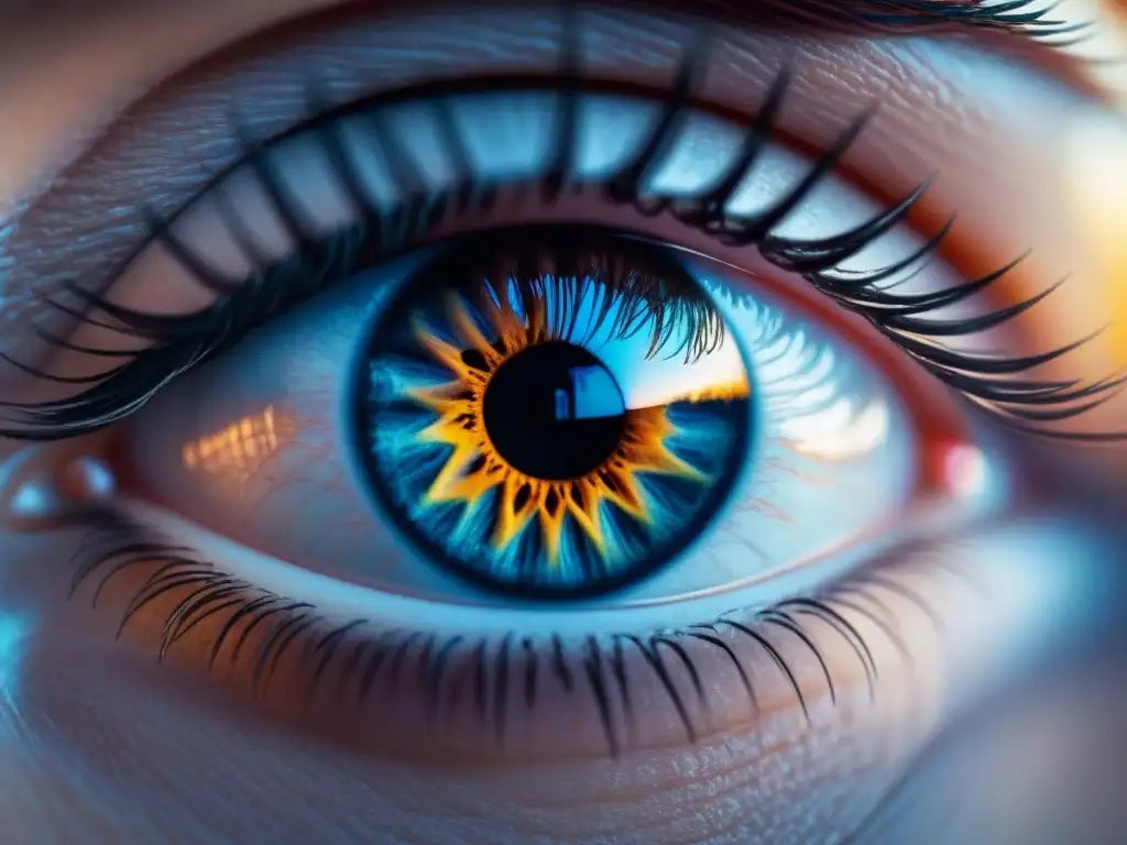 Un ojo humano detallado con textura del iris y reflejos, fusionando la visión humana con la IA en análisis de clientes
